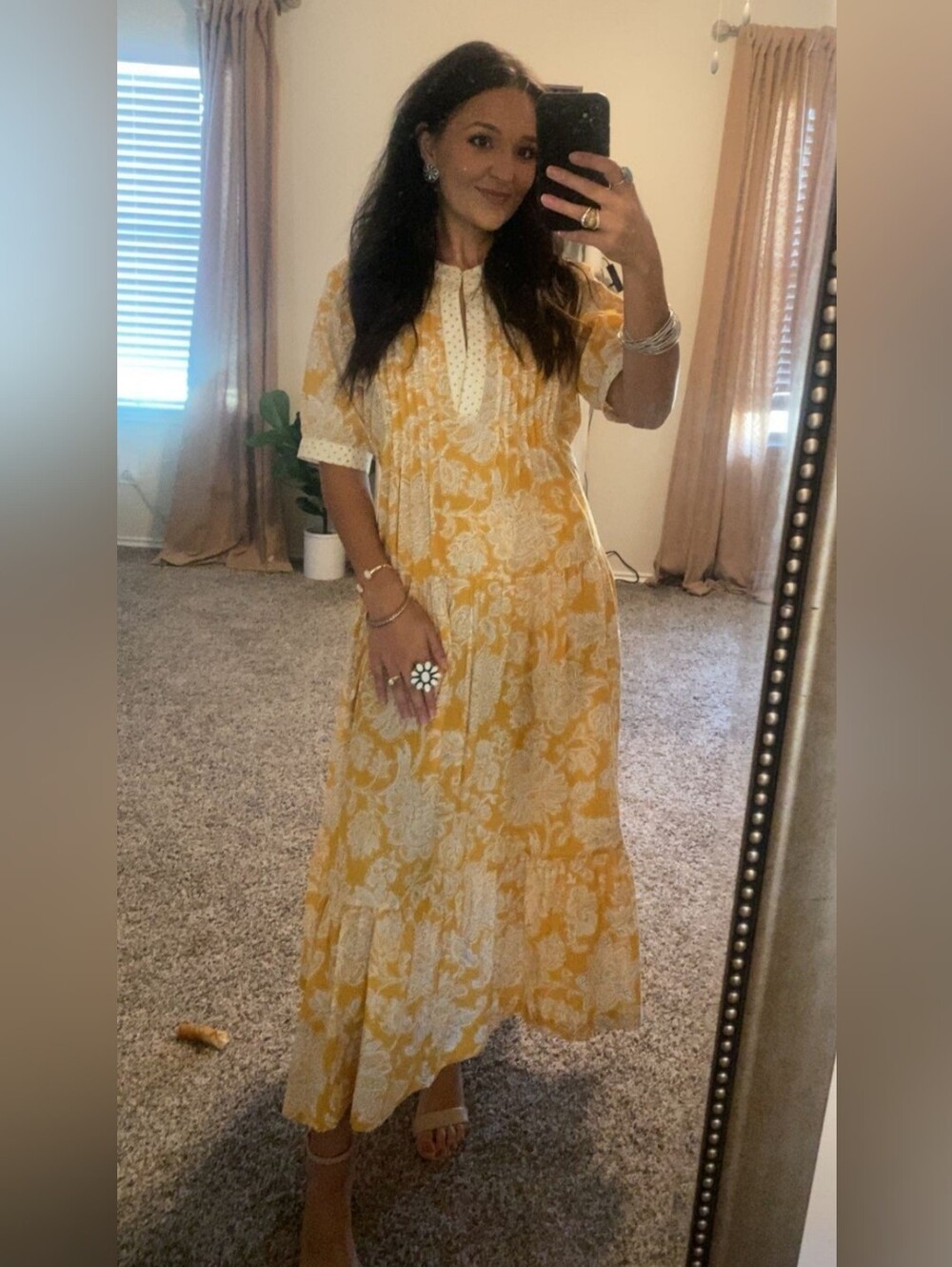 Uncle Frank Yellow Floral Maxi Dress with Lace-Trim Neckline